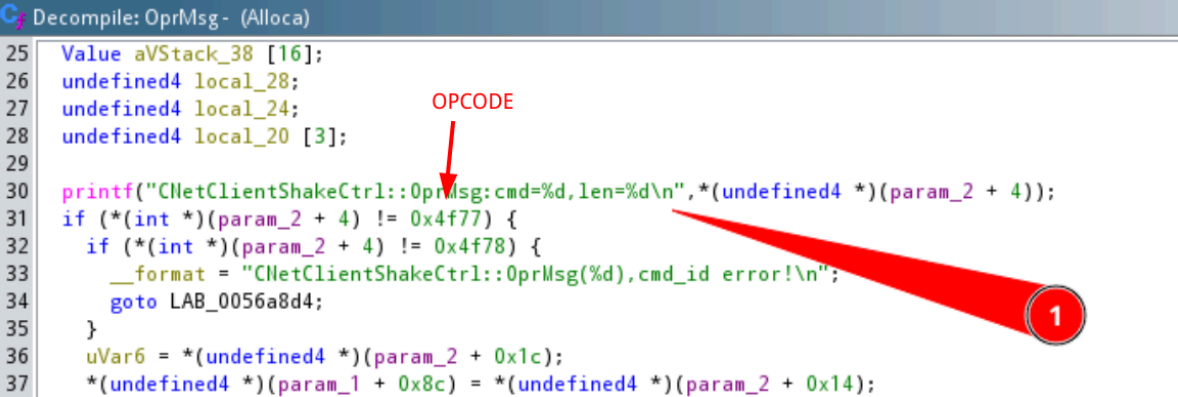 Decompiled code showing opcode handling