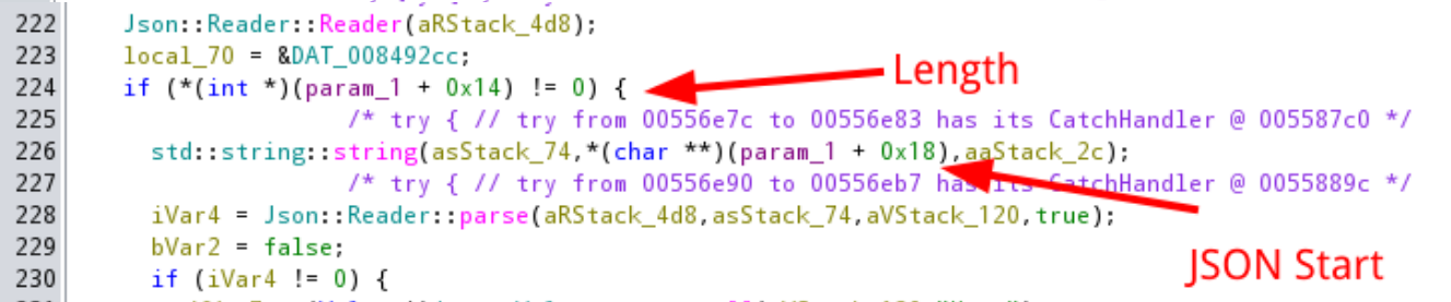 Decompiled code showing JSON decoding (length, buffer start)
