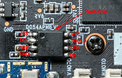 8‑pin SPI flash chip physically accessible on the board