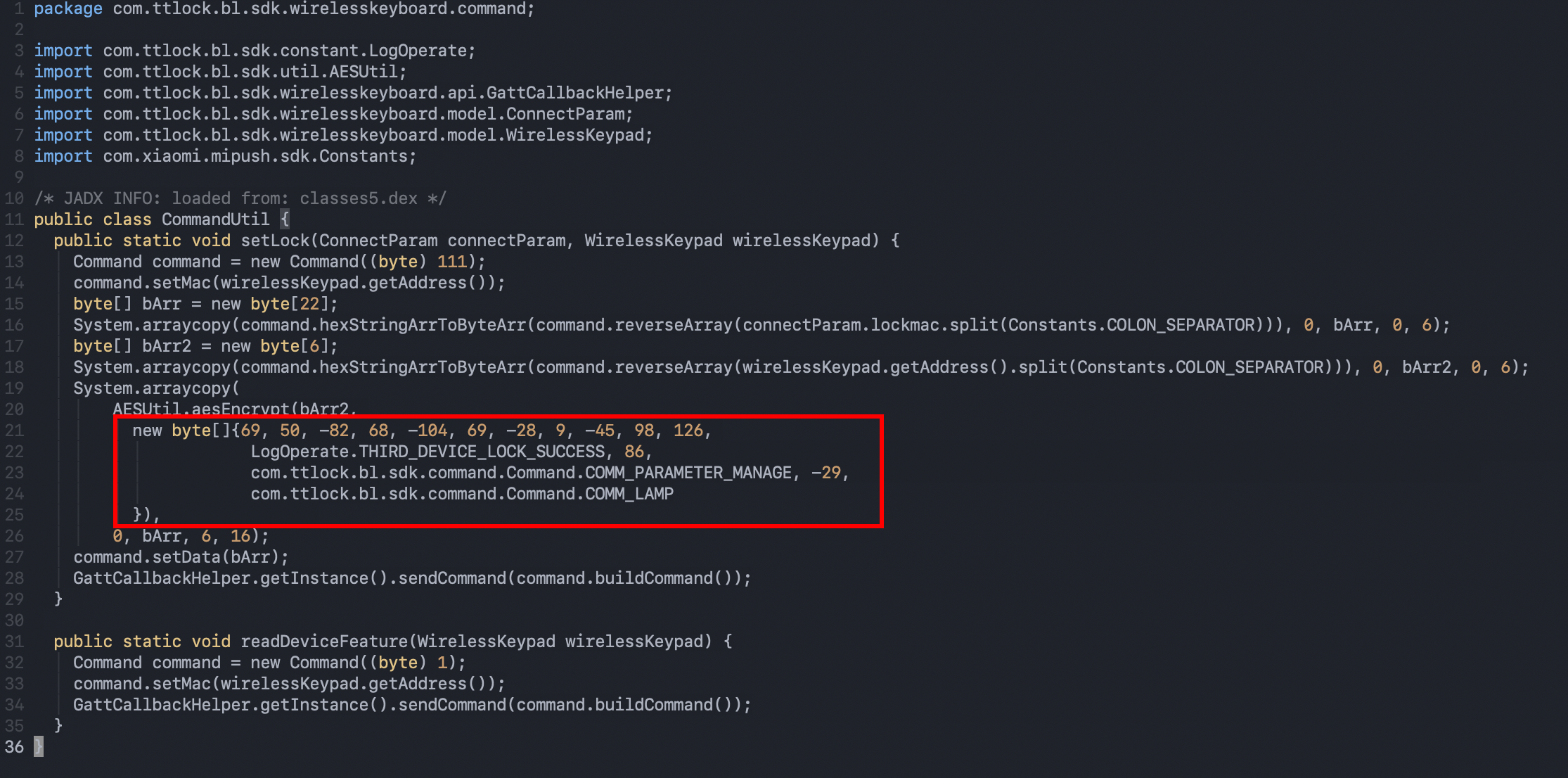 CommandUtil.java using same shared static aesKey with the lock