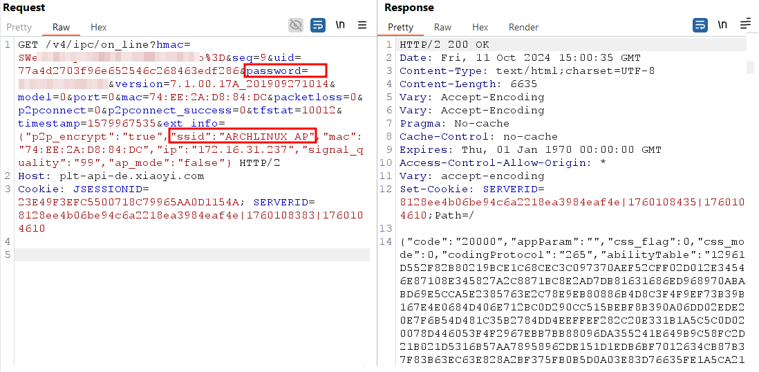 Cleartext transmission of the SSID and Wi‑Fi password to the cloud service