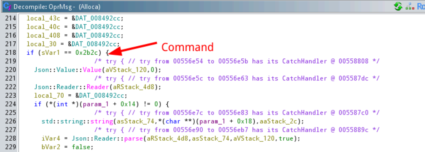 Decompiled code showing opcode "Command" handling