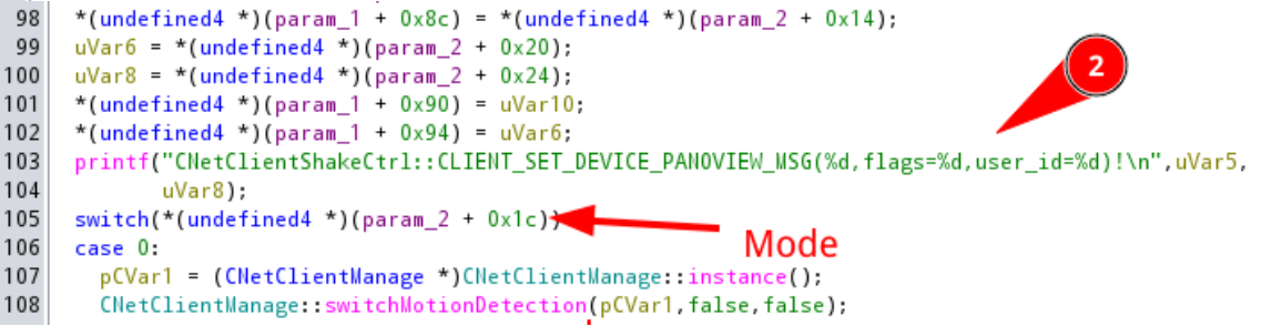 Decompiled code showing protocol mode parsing